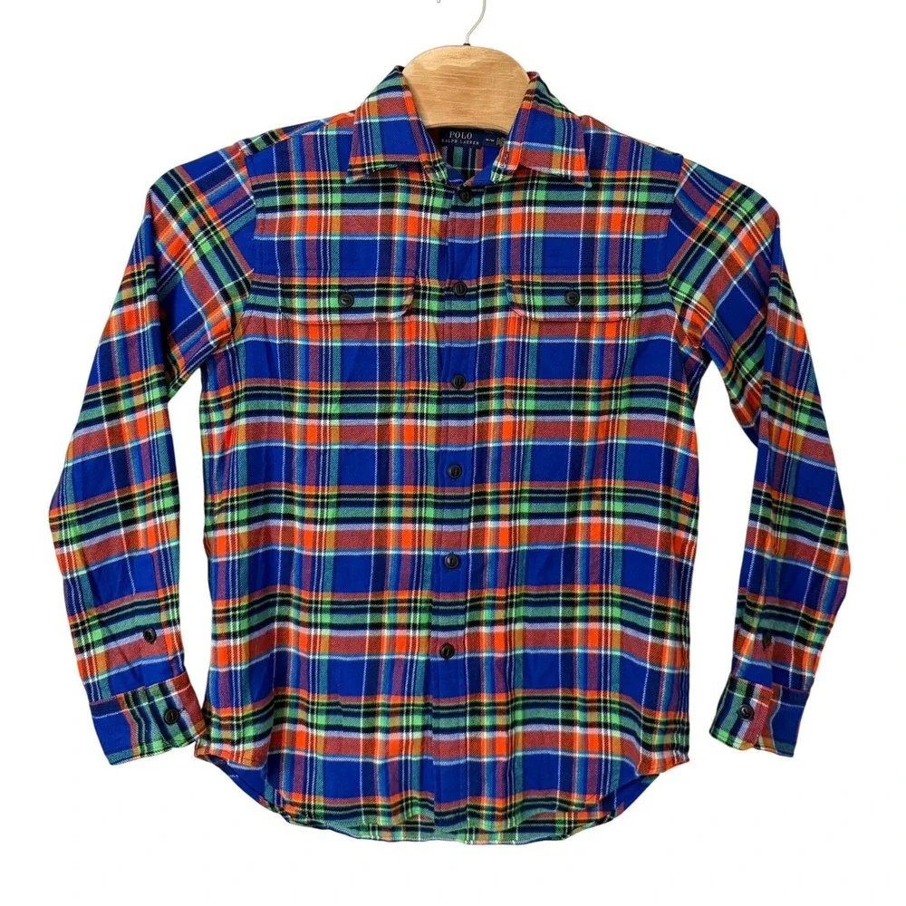 Polo Ralph Lauren Men's Flannel Shirt Plaid Blue Orange Green Size‎ Medium